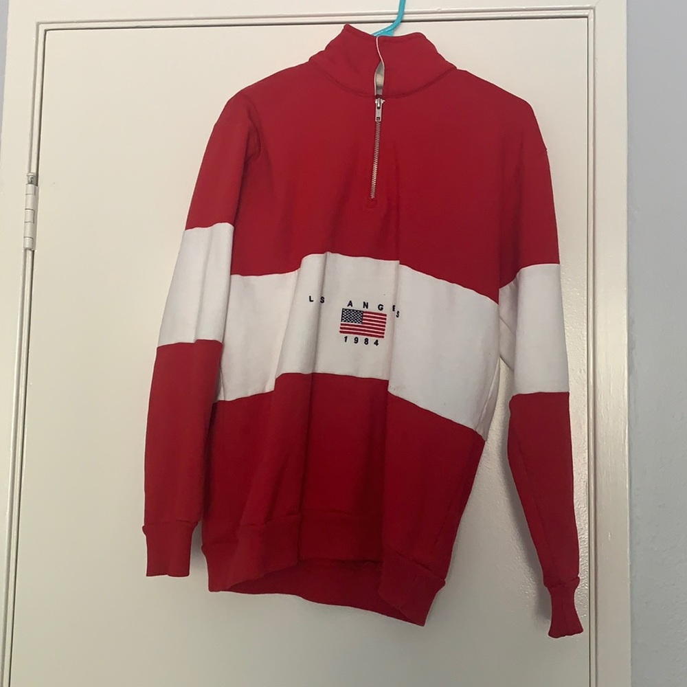 brandy melville (one size) red & white quarter zip